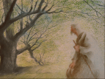 Shepherd like man wandering amongst trees